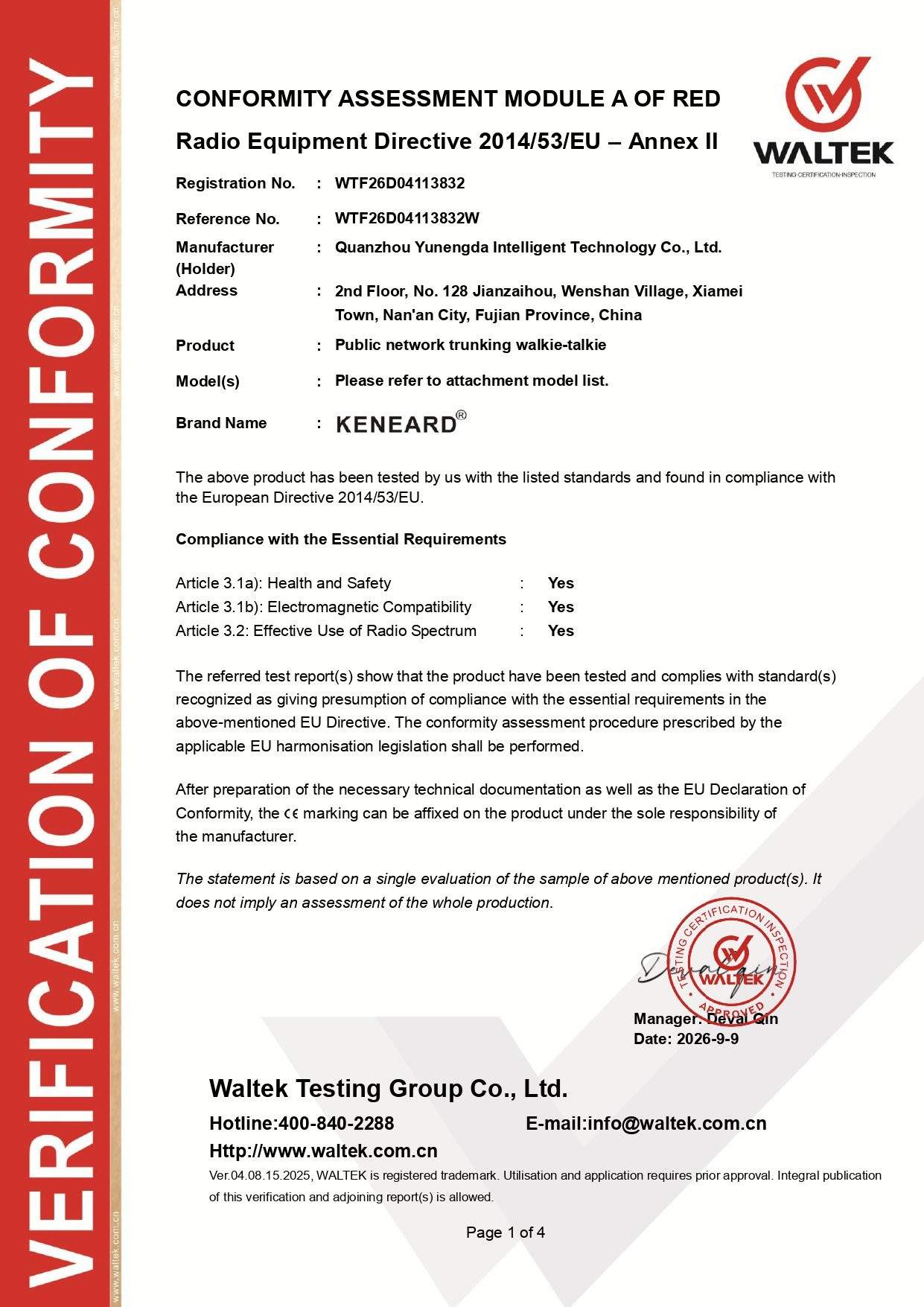 KENEARD CE Certificate Page 1
